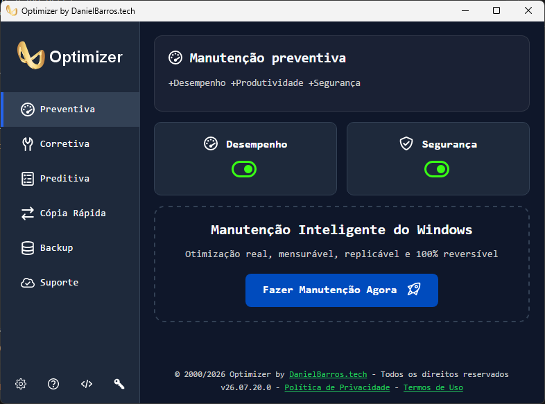Interface moderna do software Optimizer